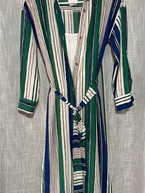 Versona Gilli Striped Shirt Dress Belted Midi Green White Women’s Small Pockets